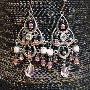 Chandelier Silver-tone Earrings with pink crystals and pearls